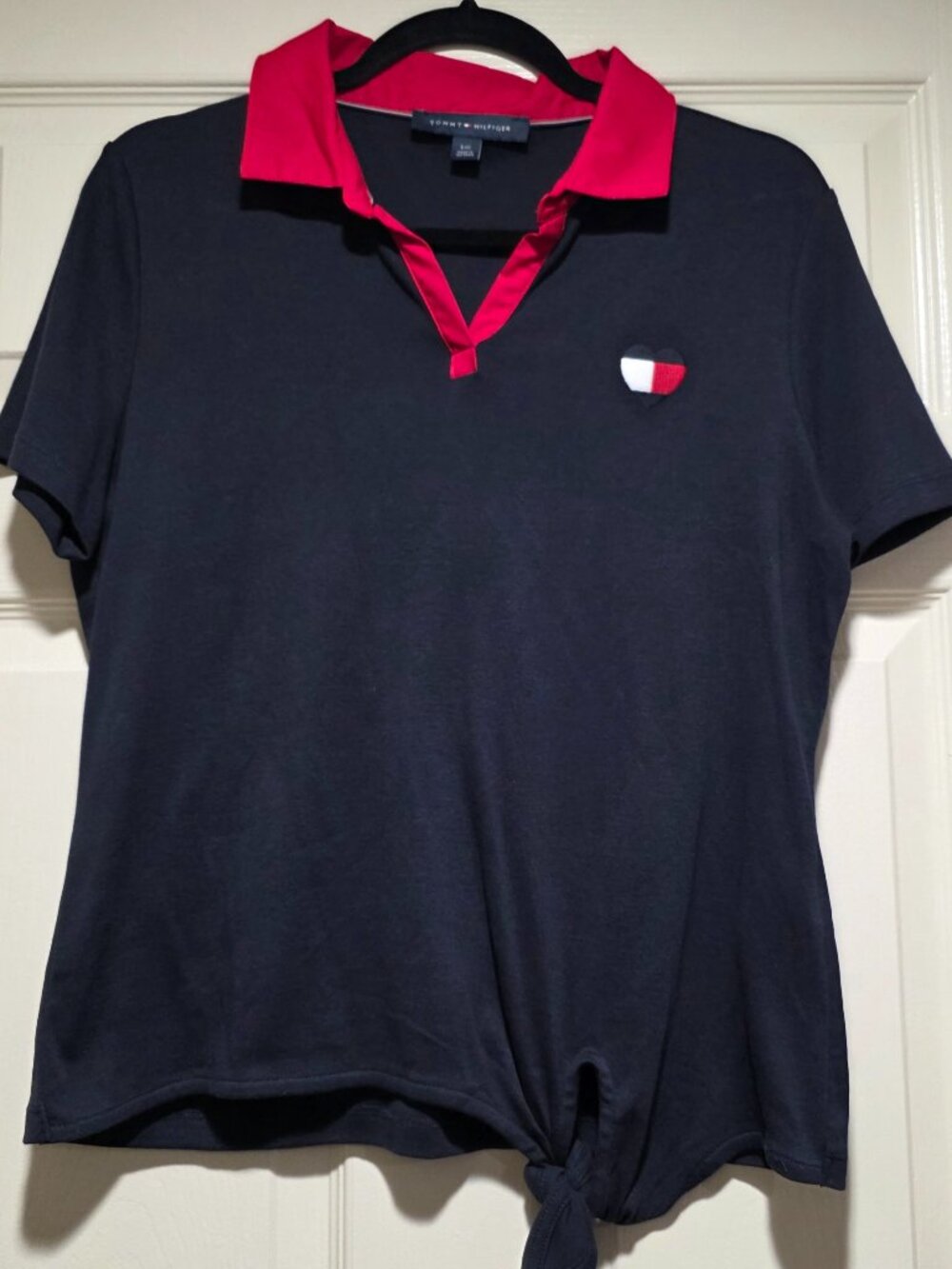 Tommy Hilfiger Navy Polo Shirt Red Collar Heart Logo Size L